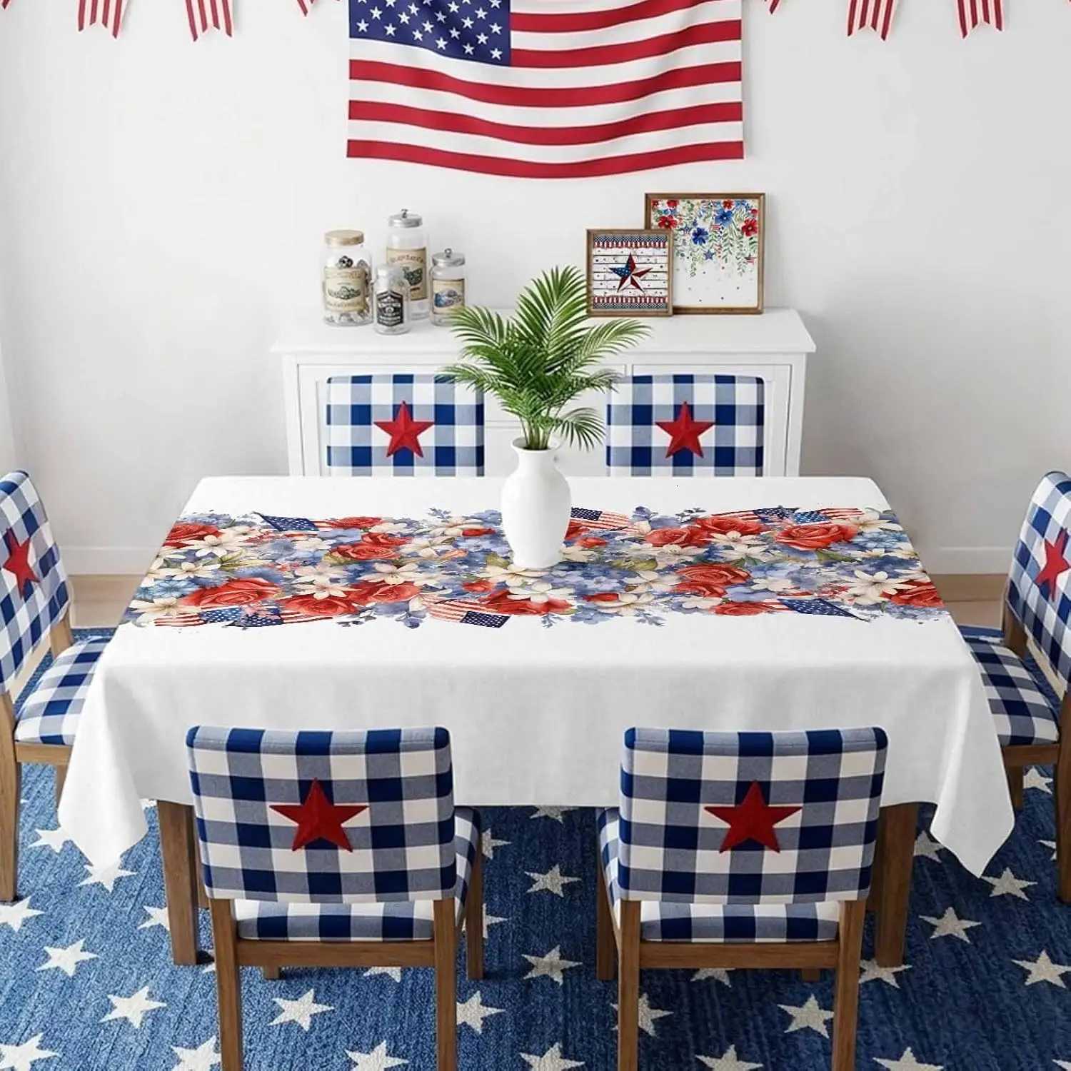 4th of July Independence Day American Flag Print Tablecloth for Table Decor Red Blue White Floral Dining Table Cloth Party Decor C260526