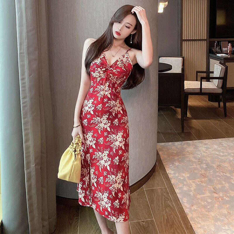 Red Floral Print Camisole Dress Summer Style Waist Cinching Long Slim Fit Outer Wear Elegant Daily Dress For Women MAKOUFEI