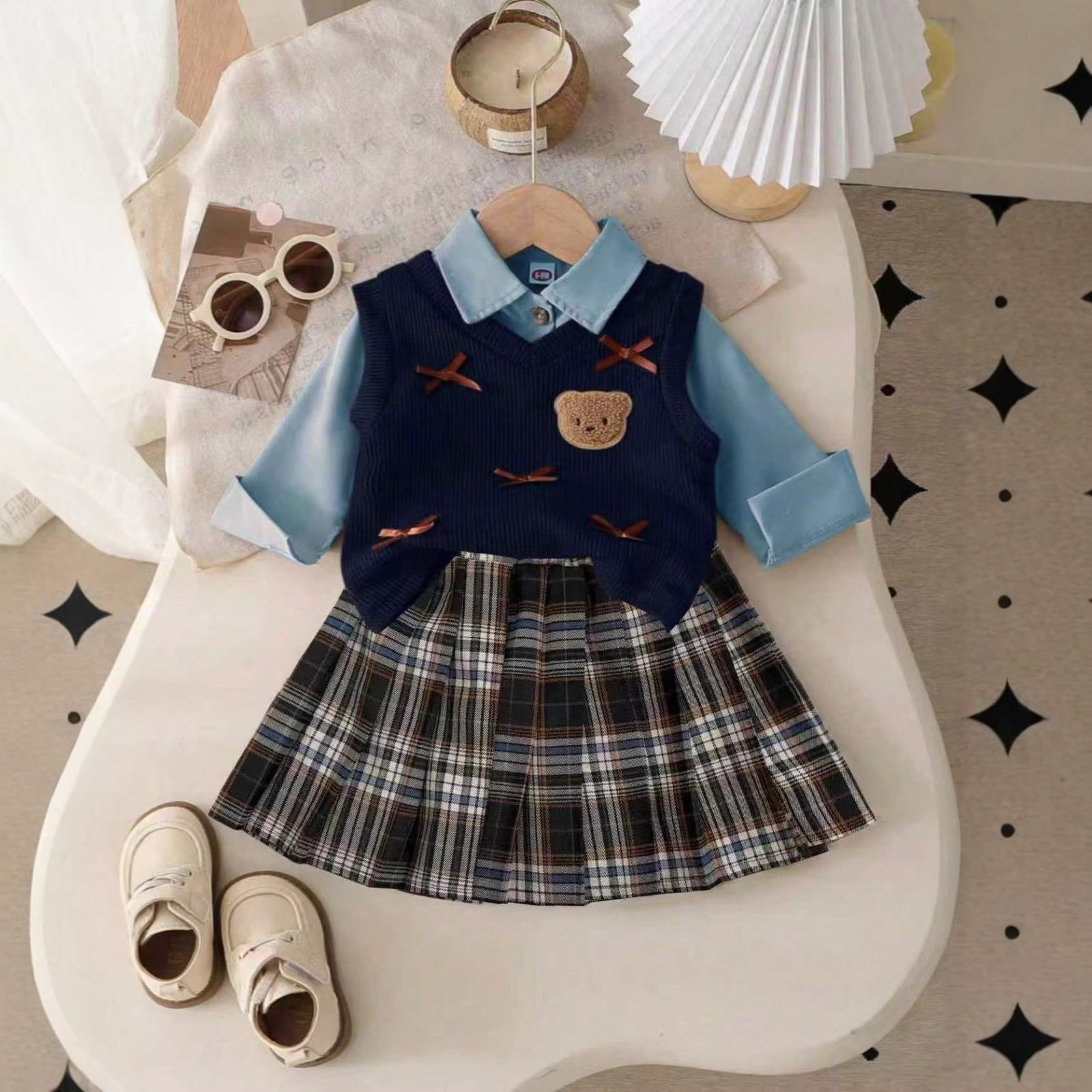 Childrens Clothing Set Autumn Item Childrens Shirt Knitted Vest Short Skirt Three Piece Set Toddler Girl Clothes 250207
