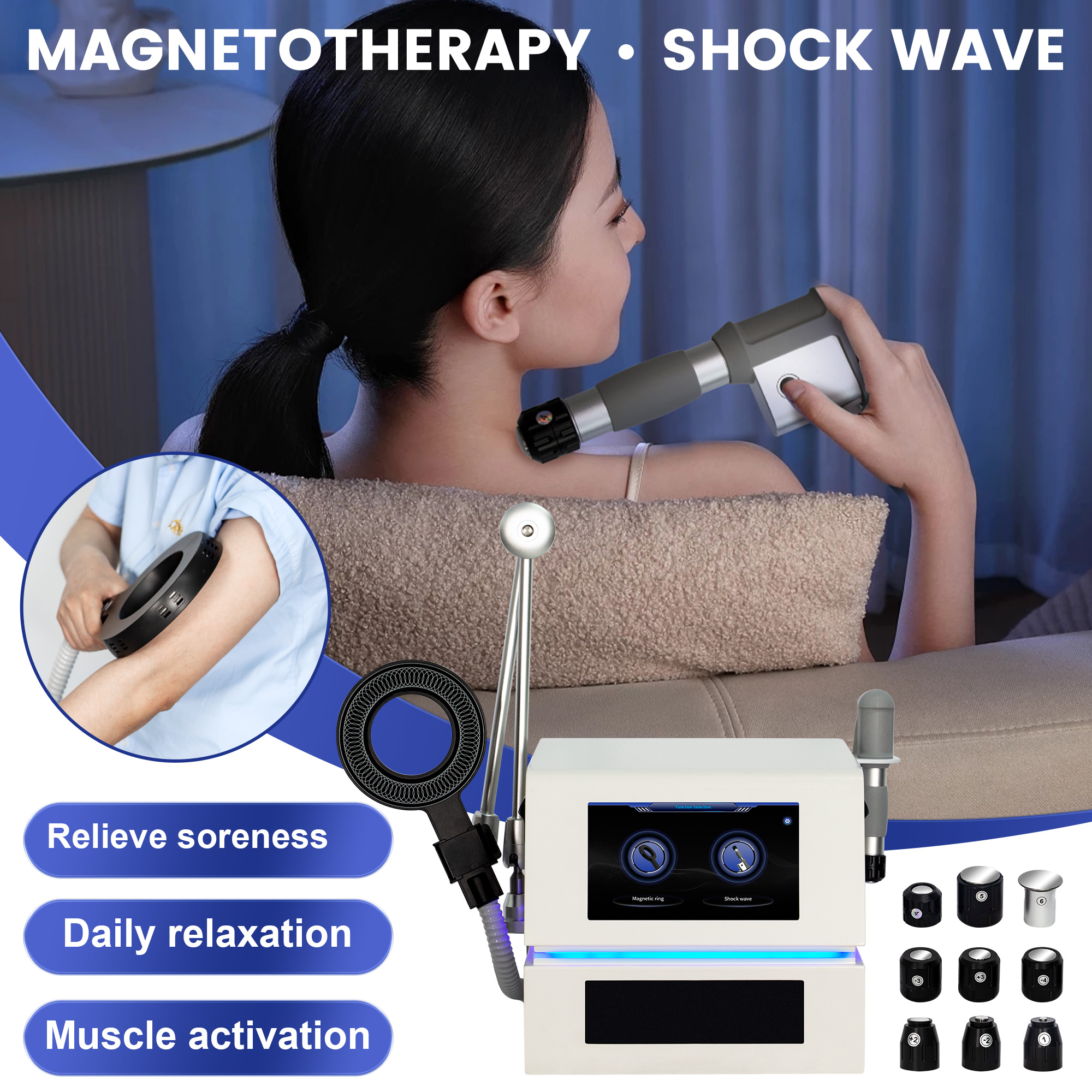 Intelligent Magnetotherapy Shockwave Machine 9 Heads HD Touch Screen Deep Tissue Massage for Joint Pain Anti Inflammatory
