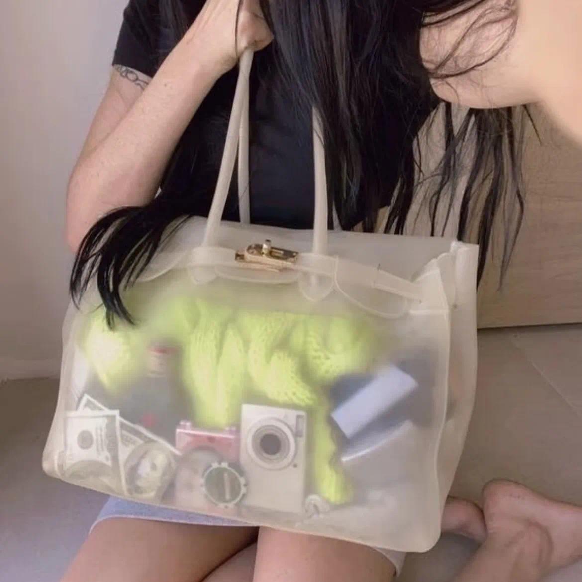 Jelly Firkin handbag Matte Jelly Beach Bag 40cm Classic Buckle Large Capacity Shoulder Bags Candy Colors Waterproof Travel Purse with Padlock and Key0