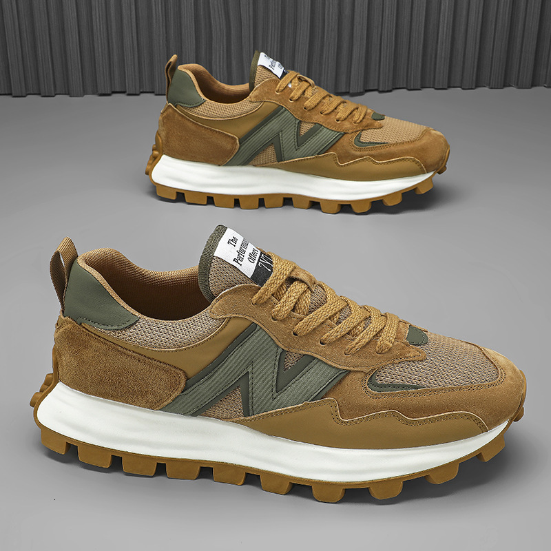 Mens Green Beige Chunky Dad Sneakers Fashion Gifts Suede Mesh For Casual Street Daily Wear - view 5