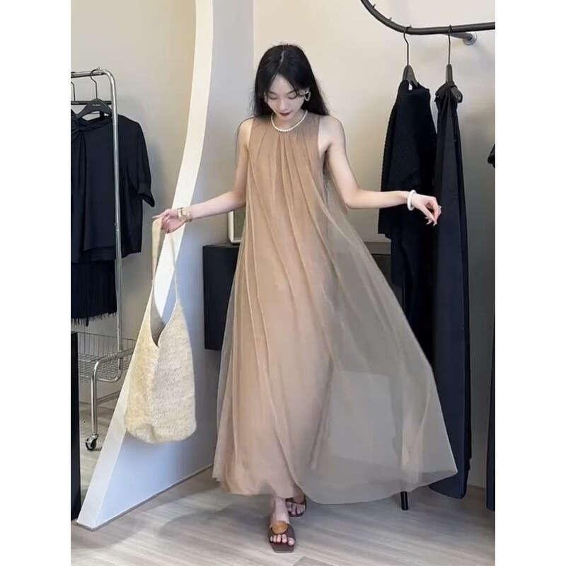 Elegant Flowing Gentle Style Round Neck Sleeveless Solid Color Mesh Loose A Line Dress Summer Wear For Women MAKOUFEI