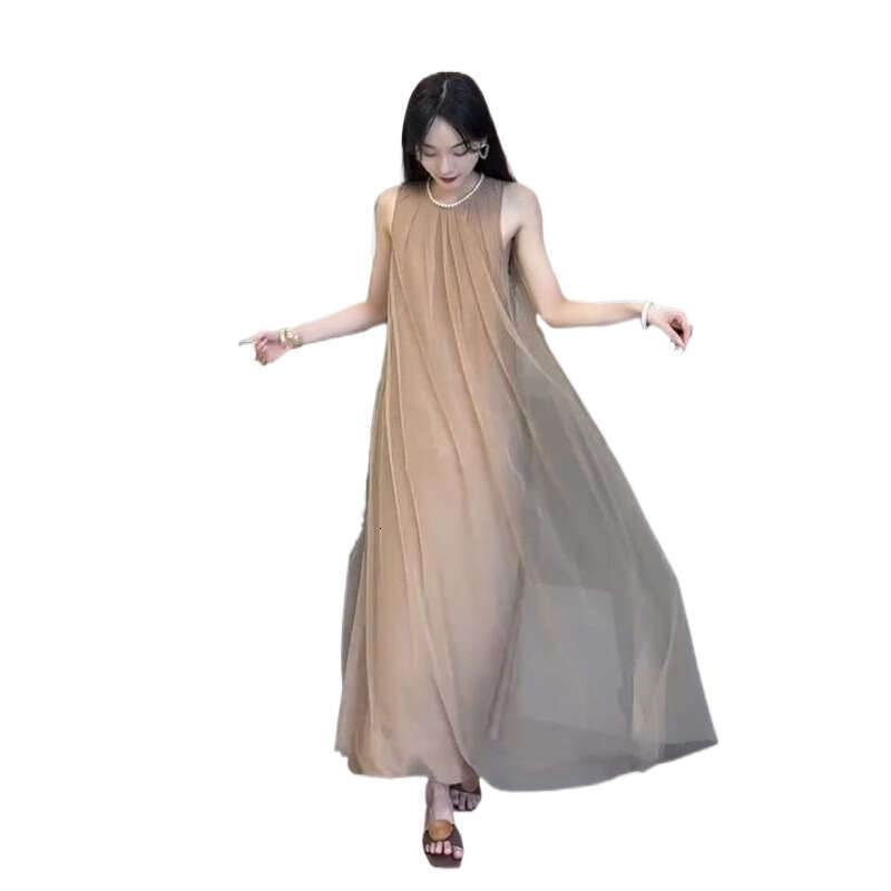 Elegant Flowing Gentle Style Round Neck Sleeveless Solid Color Mesh Loose A Line Dress Summer Wear For Women MAKOUFEI