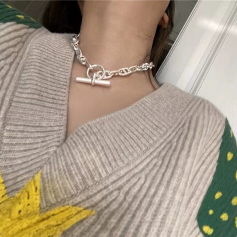 Necklace For Men And Women Vintage Heavy Craft OT Clasp Personalized Trendy Celebrity Jewelry Silver Color