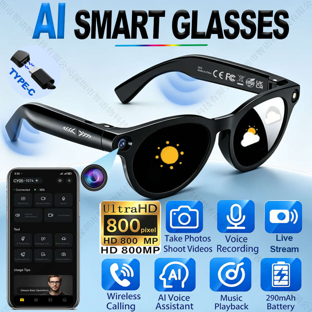 New CY Smart Glasses HD Live Streaming Video Recording Photo Taking Real Time Translation AI Conversation CKS