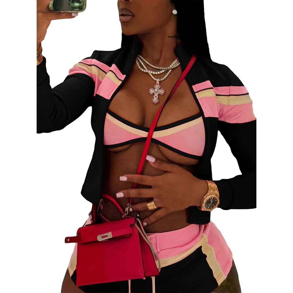 Y K Fashion Sets Sportswear Customized LOGO Women S New Fashion Printing Splicing Long Sleeve One Word Chest Wrap Strap Shorts Three Piece Set - view 4