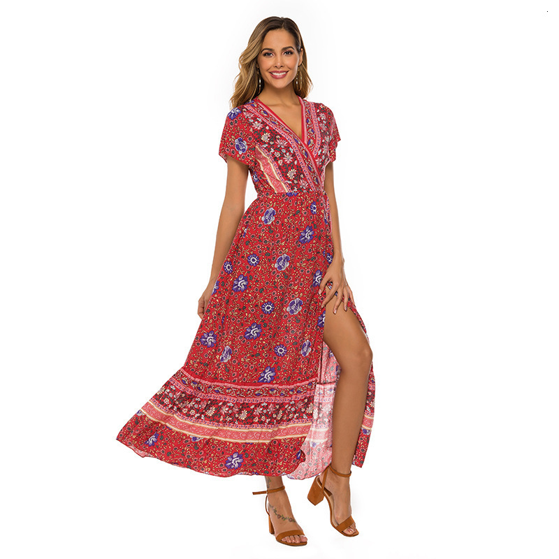 Spring summer dress sexy Vneck Bohemian cardigan waist print 439