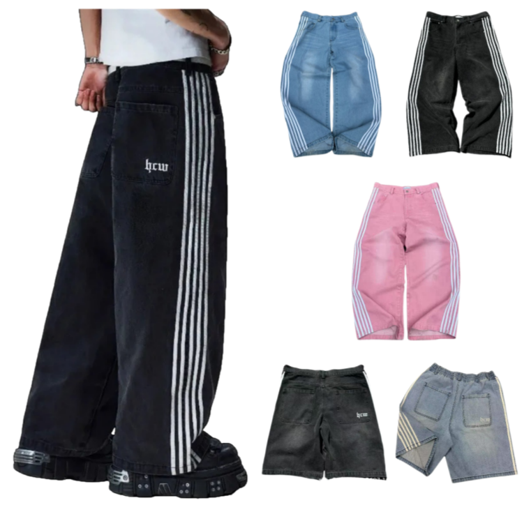 Men's Jeans Letter Print Hcw American Vintage Jeans Hip Hop Men And Women Black Gothic 2000s Loose Fashion Wide Leg Casual Streetwear