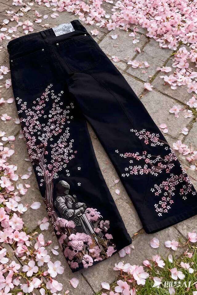 Y2K Japan Cherry Blossom Knight Embroidery Black Baggy Jeans Men High Street Vintage Hip Hop Fashion Couple Wide-leg Denim Pants J260528
