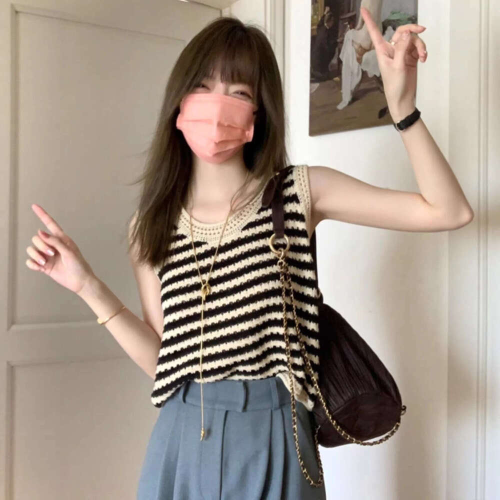 Striped Knit Sleeveless Vest French Style Loose Fit Hollow Design Summer Casual Top For Women MAKOUFEI