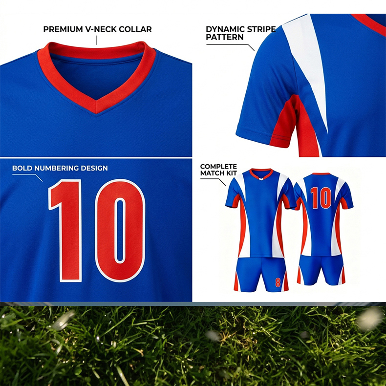 Custom Blue Red White Soccer Uniform Quick Dry Breathable Football Jersey and Shorts Kit Personalized Sportswear for Adult Youth Training Matches - view 8