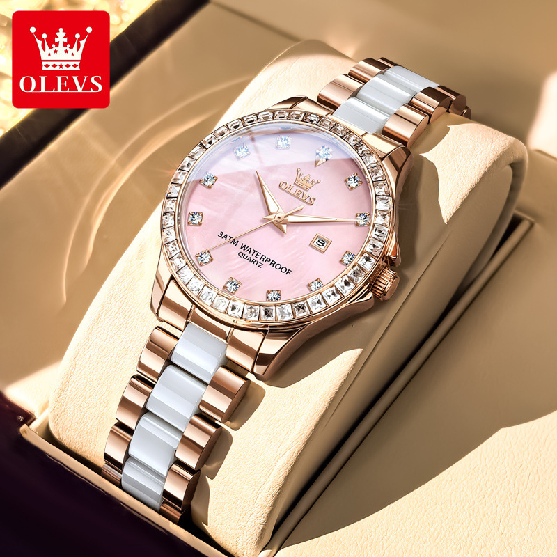 OLEVS Luxury Womens Designer Watch Diamond Bezel Ceramic and Stainless Steel Strap Mother of Pearl Dial Date Display Waterproof Quartz Wristwatch for 