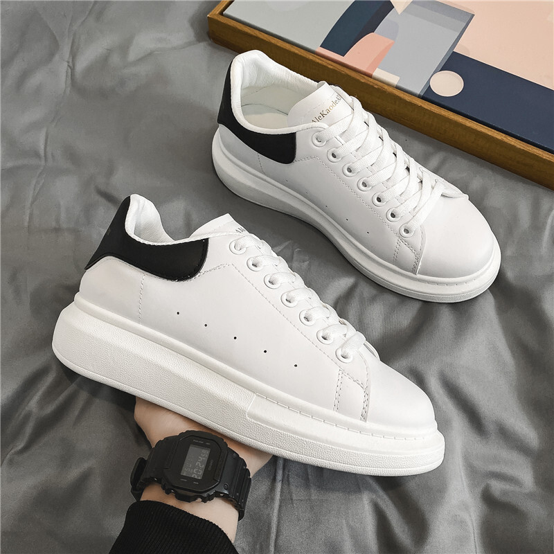 Men's White Leather Platform Sneakers Classic Lace-Up Casual Skate Shoes Thick Sole Streetwear Trainers big size