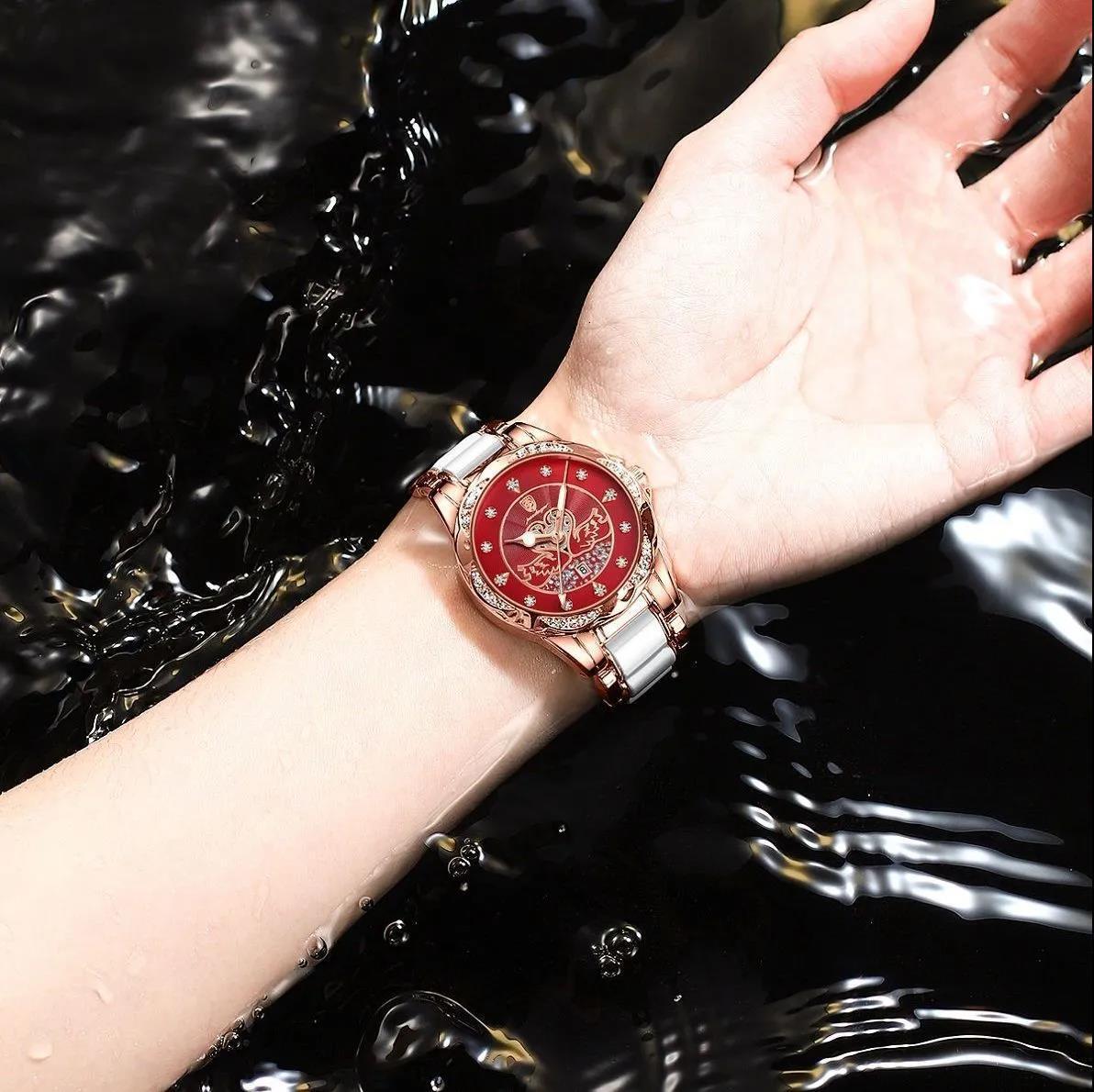 Quartz Ladies POEDAGAR Watch Luxury Ceramic TwoTone Designer Wristwatch Swan Cutout Dial Bezel Rhinestone Date Display Waterproof Fashion Glam Timepie