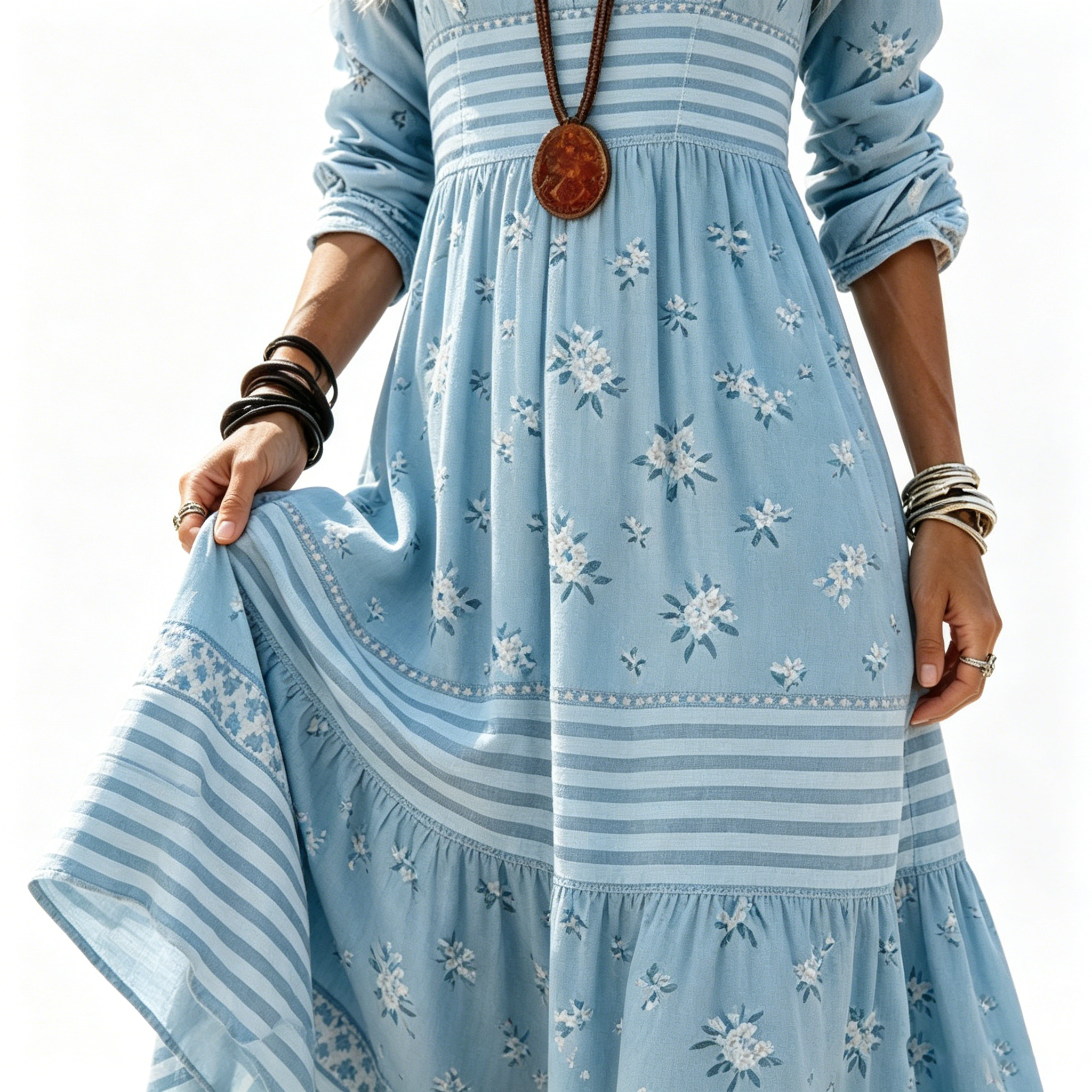 Women's V Neck Long Sleeve Boho Dress Mixed Floral & Striped Print Tiered Ruffled Cake Dress Casual Retro Maxi Dress