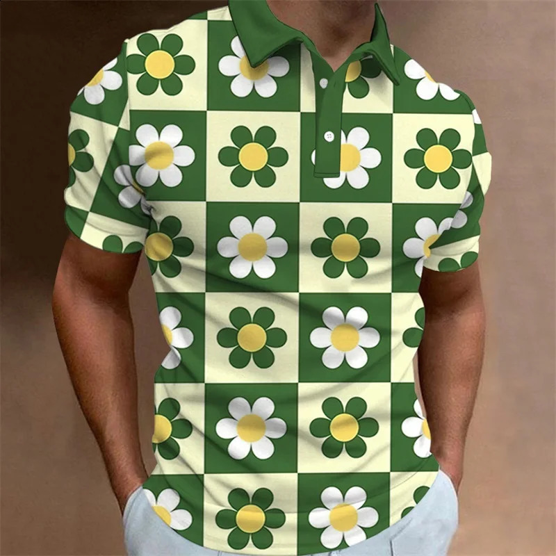 Mens Polo Shirt Summer Casual Short Sleeve Flower Print Buttons Polo Shirts Tops Fashion Pullover Tshirts Male Golf Wear 260529 - view 4