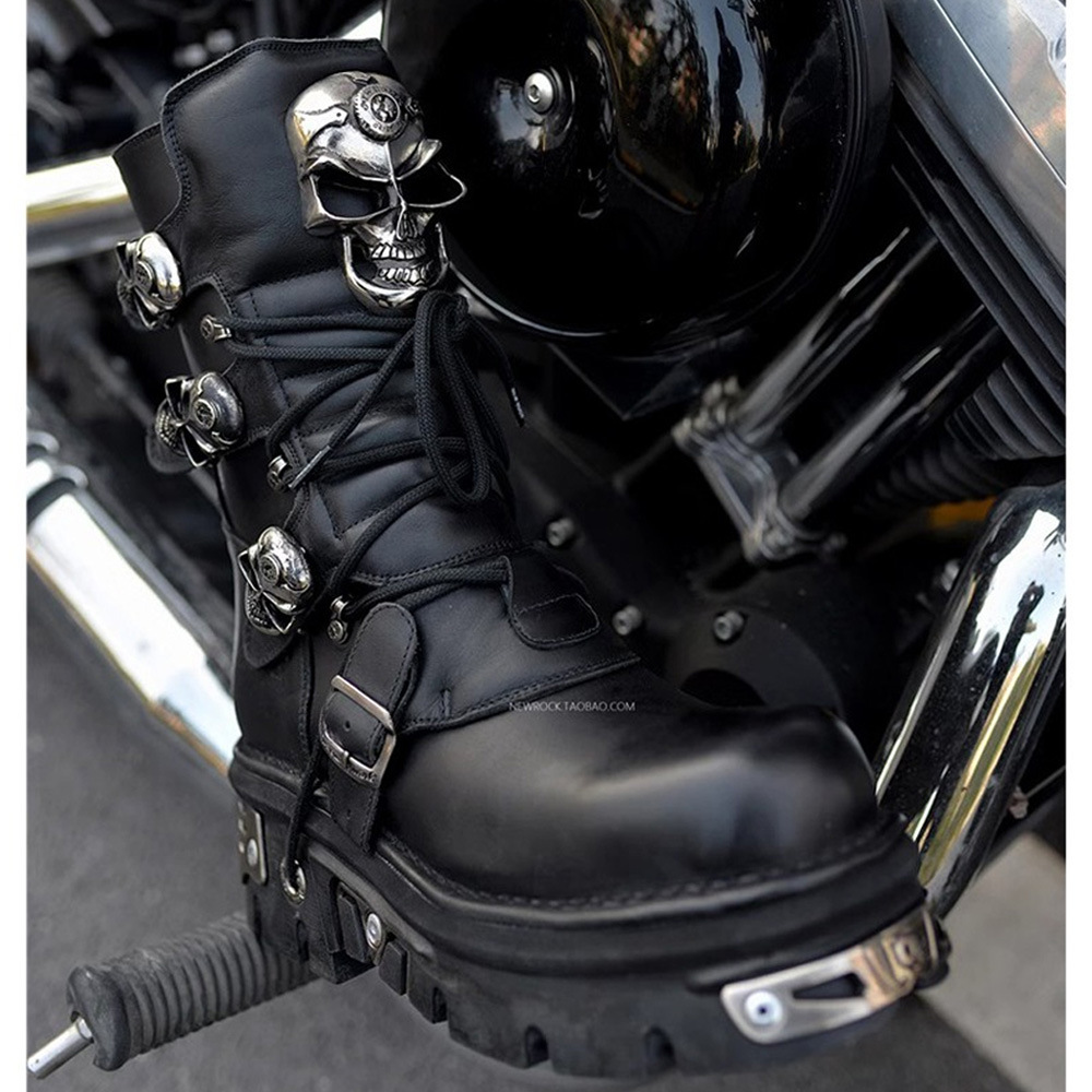 Designer shoe Top Layer Cowhide Handmade Skull Punk High Tube Men Harley Davidson Metal Motorcycle Fashion Gifts Thick Sole Couple - view 4