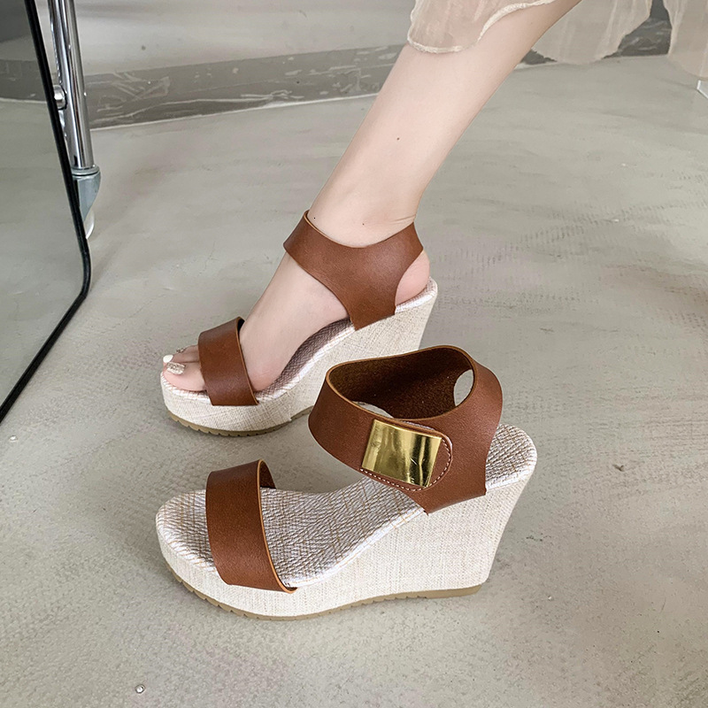 Womens Black Wedge Sandals With Gold Buckle Fashion Gifts Open Toe For Summer Casual Daily Wear - view 5
