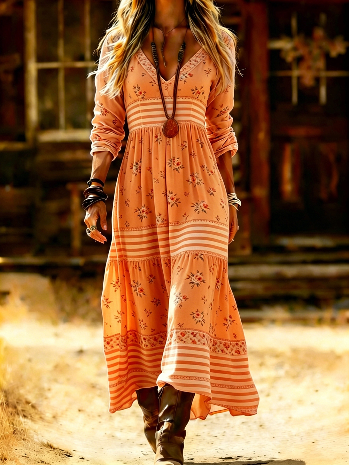 Orange Boho Floral Maxi Dress | Western Vacation Outfit Sunset Striped Tiered Dress | Boho Chic for Fall 2026