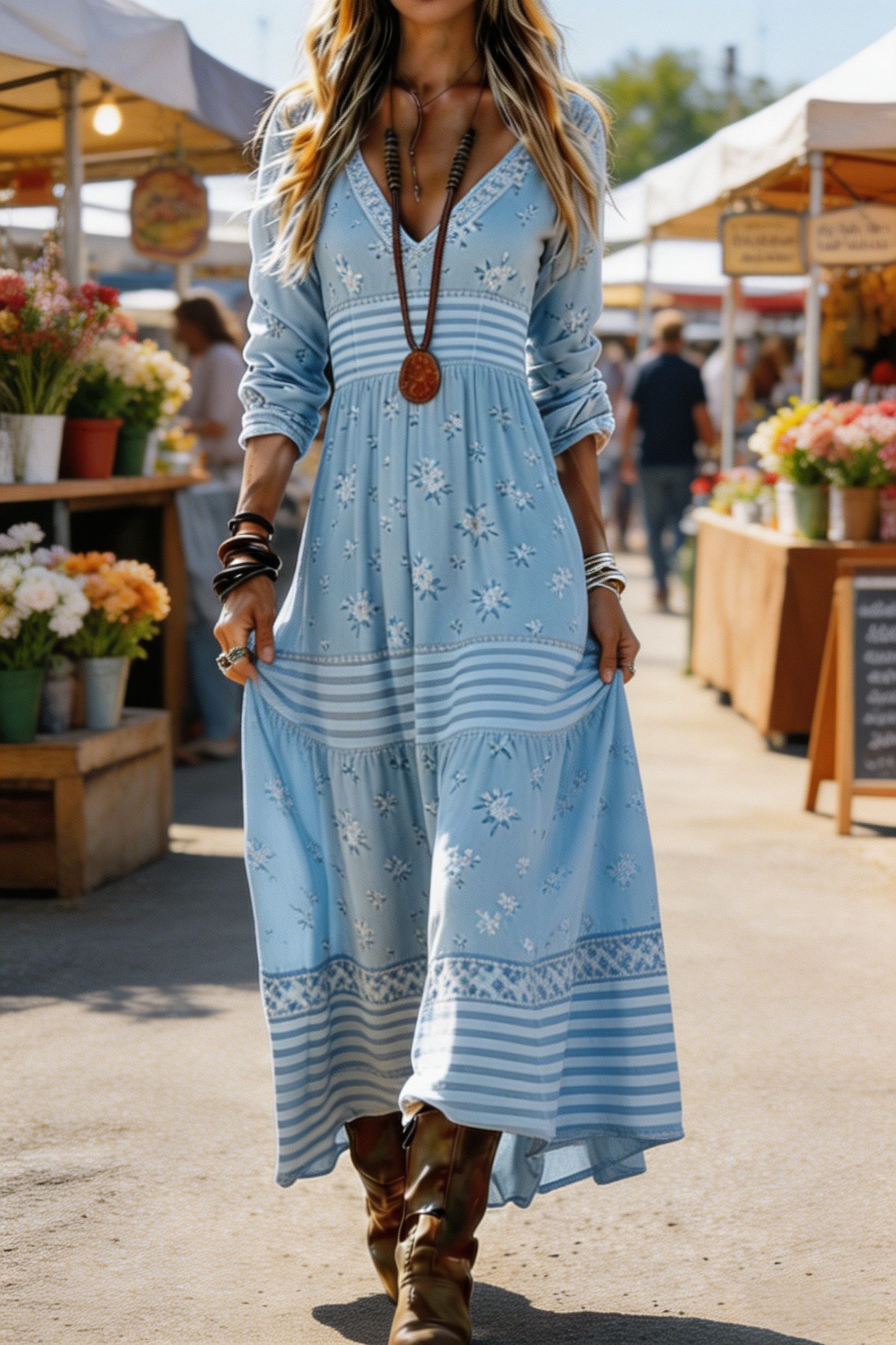 Women's V Neck Long Sleeve Boho Dress Mixed Floral & Striped Print Tiered Ruffled Cake Dress Casual Retro Maxi Dress