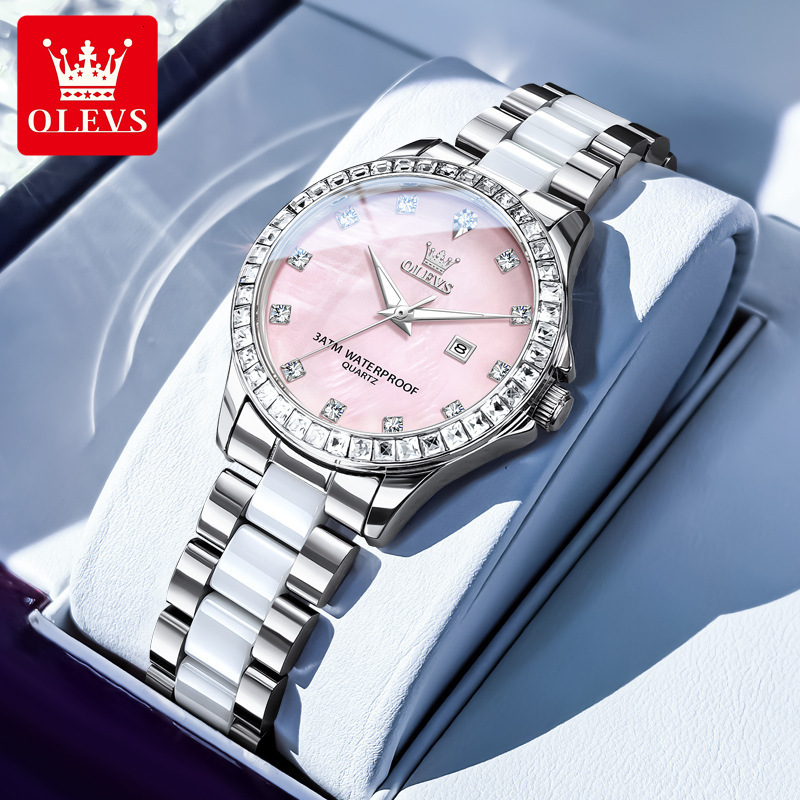 OLEVS Luxury Womens Designer Watch Diamond Bezel Ceramic and Stainless Steel Strap Mother of Pearl Dial Date Display Waterproof Quartz Wristwatch for 