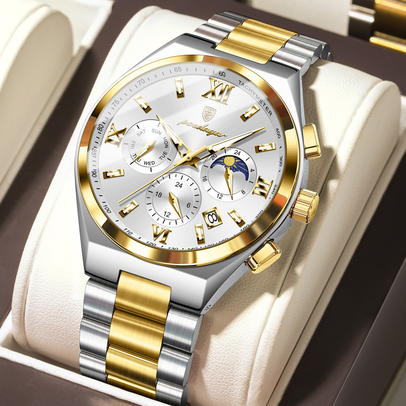 Luxury Chronograph 2026 Steel Mens POEDAGAR Stainless Moon Phase Designer Wristwatch Fashion Waterproof Luminous Business Quartz Watch