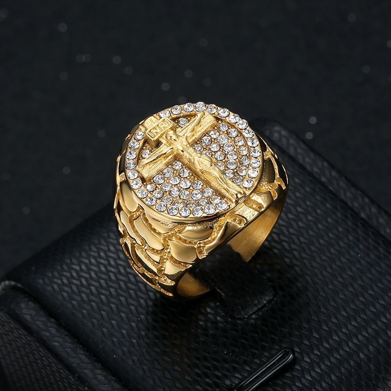 New Hip Hop Style Steel Vacuum Gold Plated Rhinestone Cross Mens Ring 260518