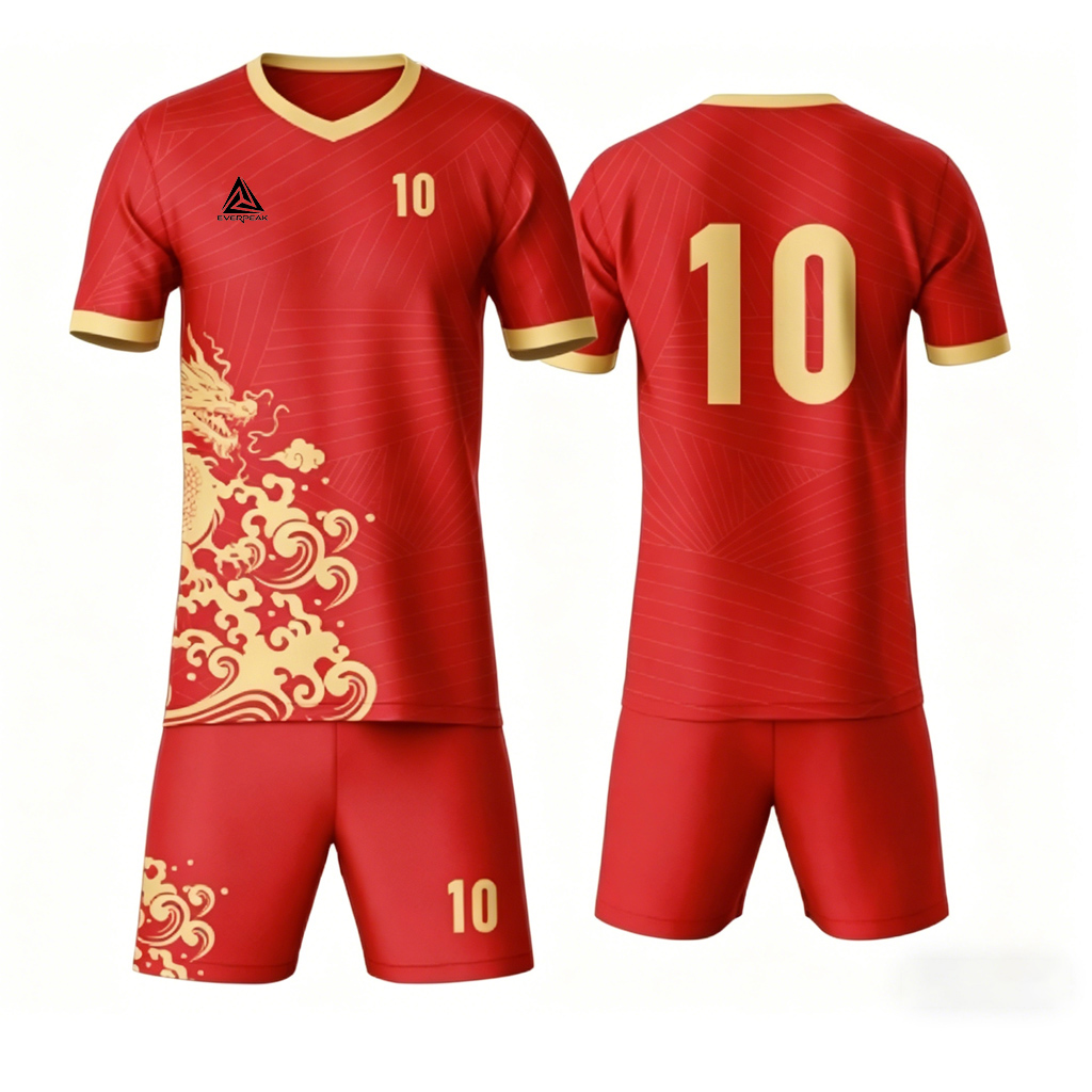 Red Gold Dragon Pattern Soccer Uniform Customizable Short Sleeve Football Jersey Shorts KitQuick Dry Sportswear for Men Women Training Matches - view 6