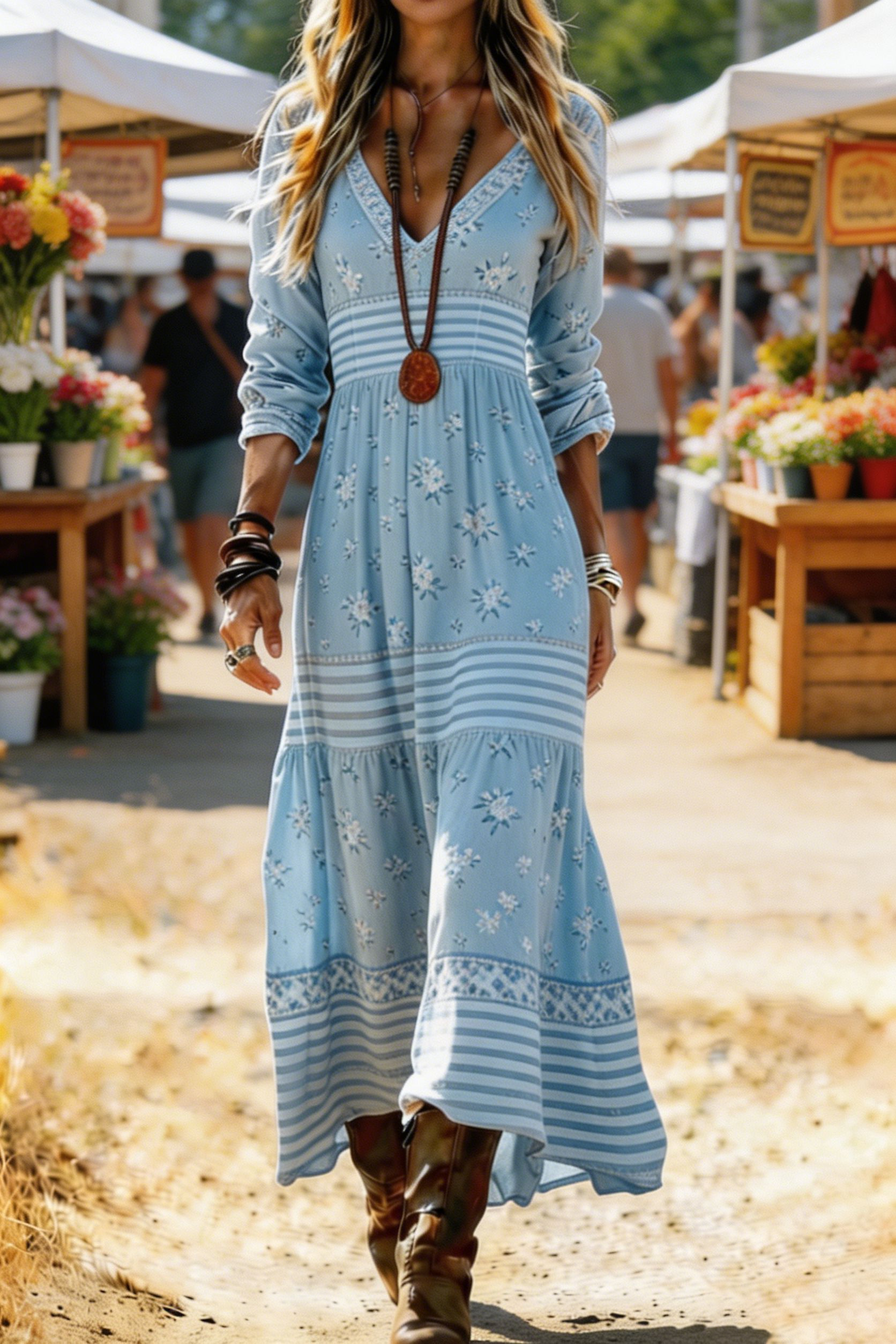 Women's V Neck Long Sleeve Boho Dress Mixed Floral & Striped Print Tiered Ruffled Cake Dress Casual Retro Maxi Dress