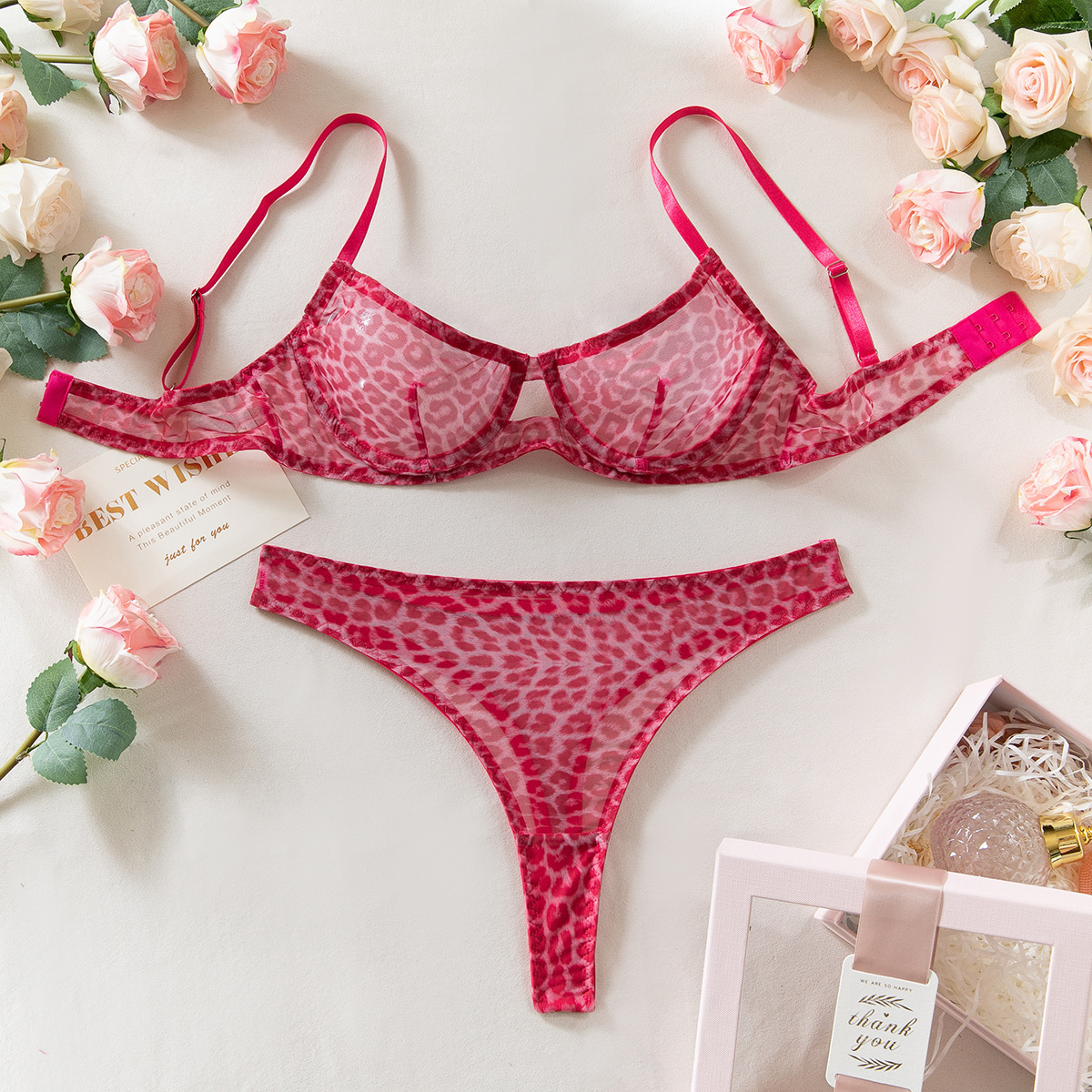 Bras Sets Leopard Printed Underwire Bra And Panty Set Women Sexy Lingerie Transparent Push Up Outfit Lace Underwear