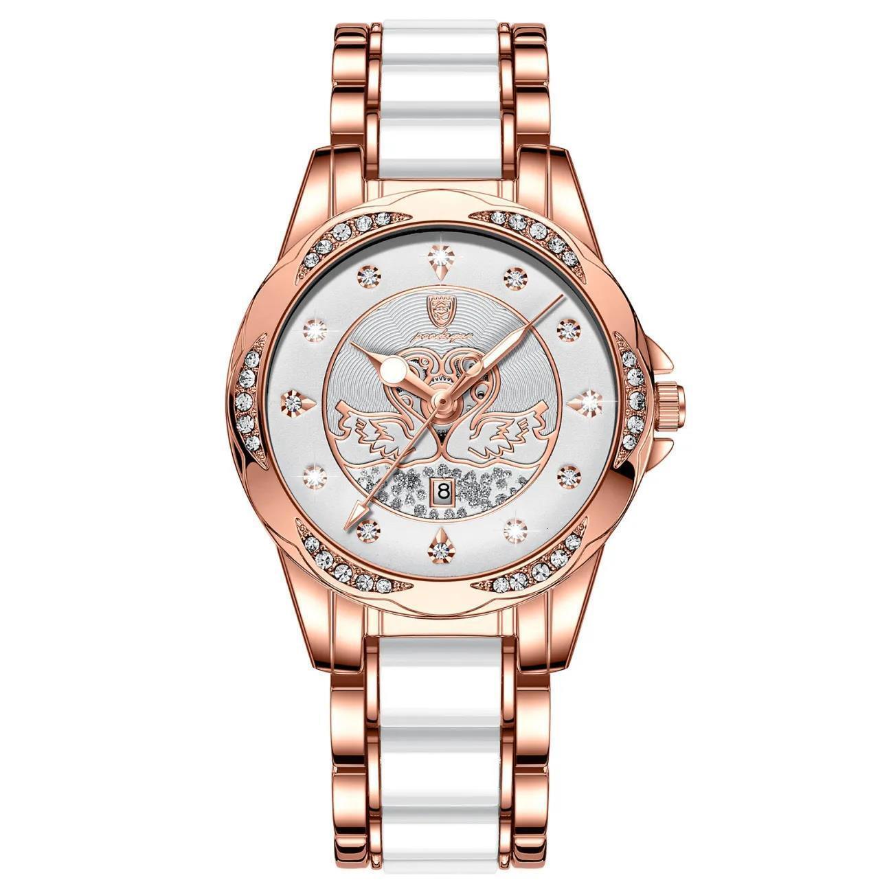 Quartz Ladies POEDAGAR Watch Luxury Ceramic TwoTone Designer Wristwatch Swan Cutout Dial Bezel Rhinestone Date Display Waterproof Fashion Glam Timepie