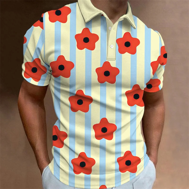 Mens Polo Shirt Summer Casual Short Sleeve Flower Print Buttons Polo Shirts Tops Fashion Pullover Tshirts Male Golf Wear 260529 - view 7
