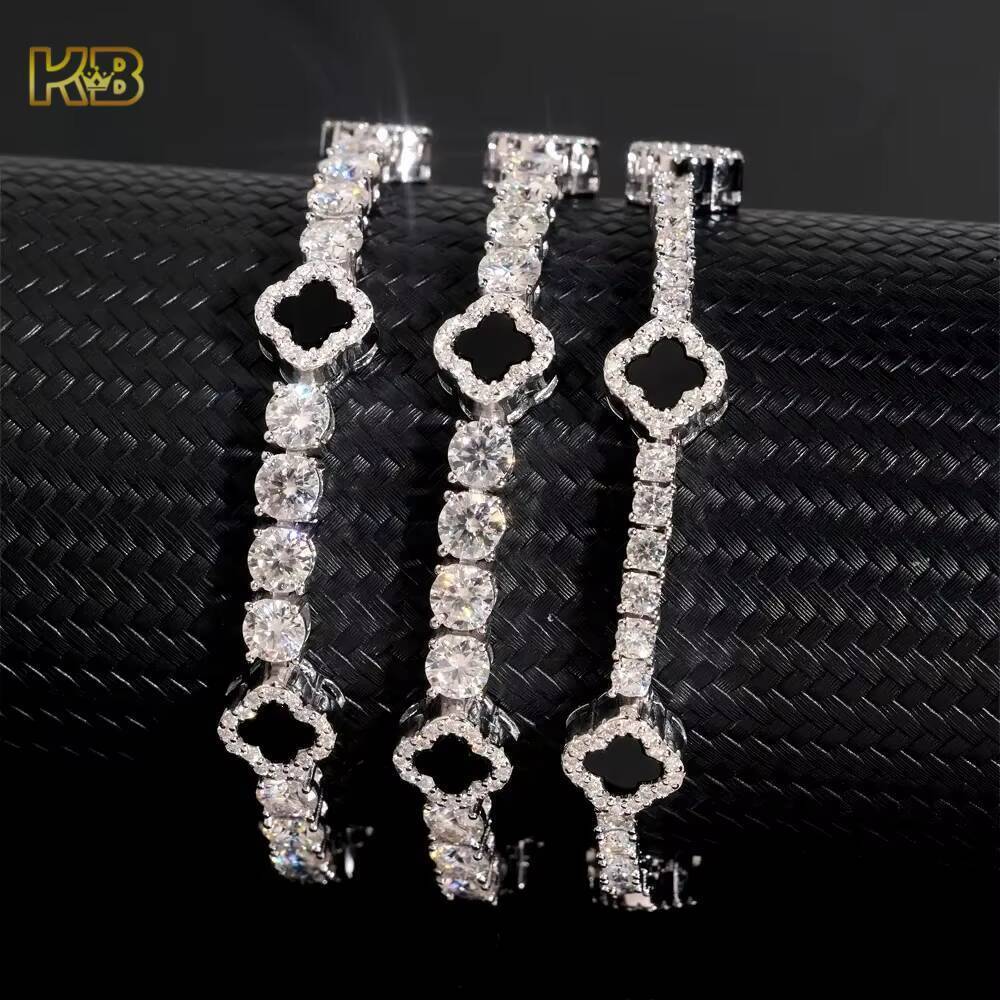 Iced Out 3mm 5mm 925 Silver Moissanite Diamond Tennis Necklace with Fourleaf Clover Design Fashion Tennis Jewelry for Men Women