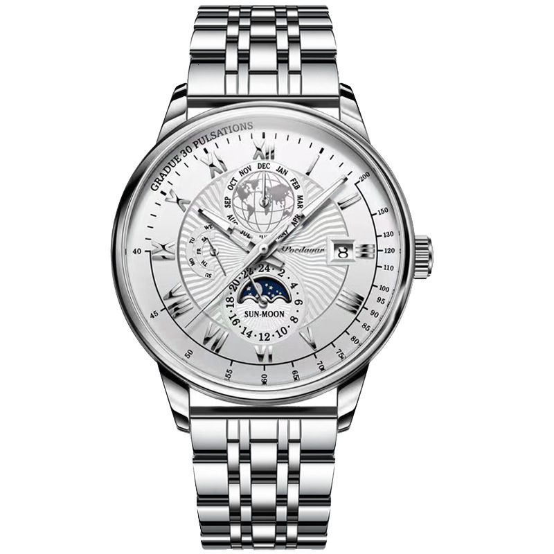 Steel Stainless POEDAGAR Luxury Men's Skeleton 2026 Moon Phase Chronograph Quartz Watch Designer Wristwatch Waterproof Luminous Business Calendar