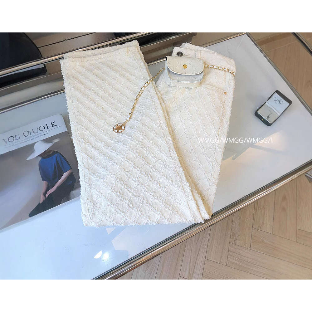 Stylish Chan Inspired Plaid White Straight-Leg Jeans For Women, Spring/Summer, Loose-Fitting, Slimming, Wide-Leg, Floor-Length Pants Makoufei - view 6