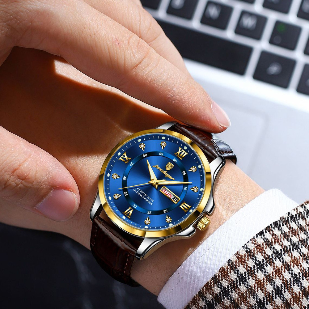 POEDAGAR Luxury Men's Leather Strap Dual Calendar Quartz Watch Designer Wristwatch Diamond Inlay Roman Numeral Waterproof Luminous Student Busine