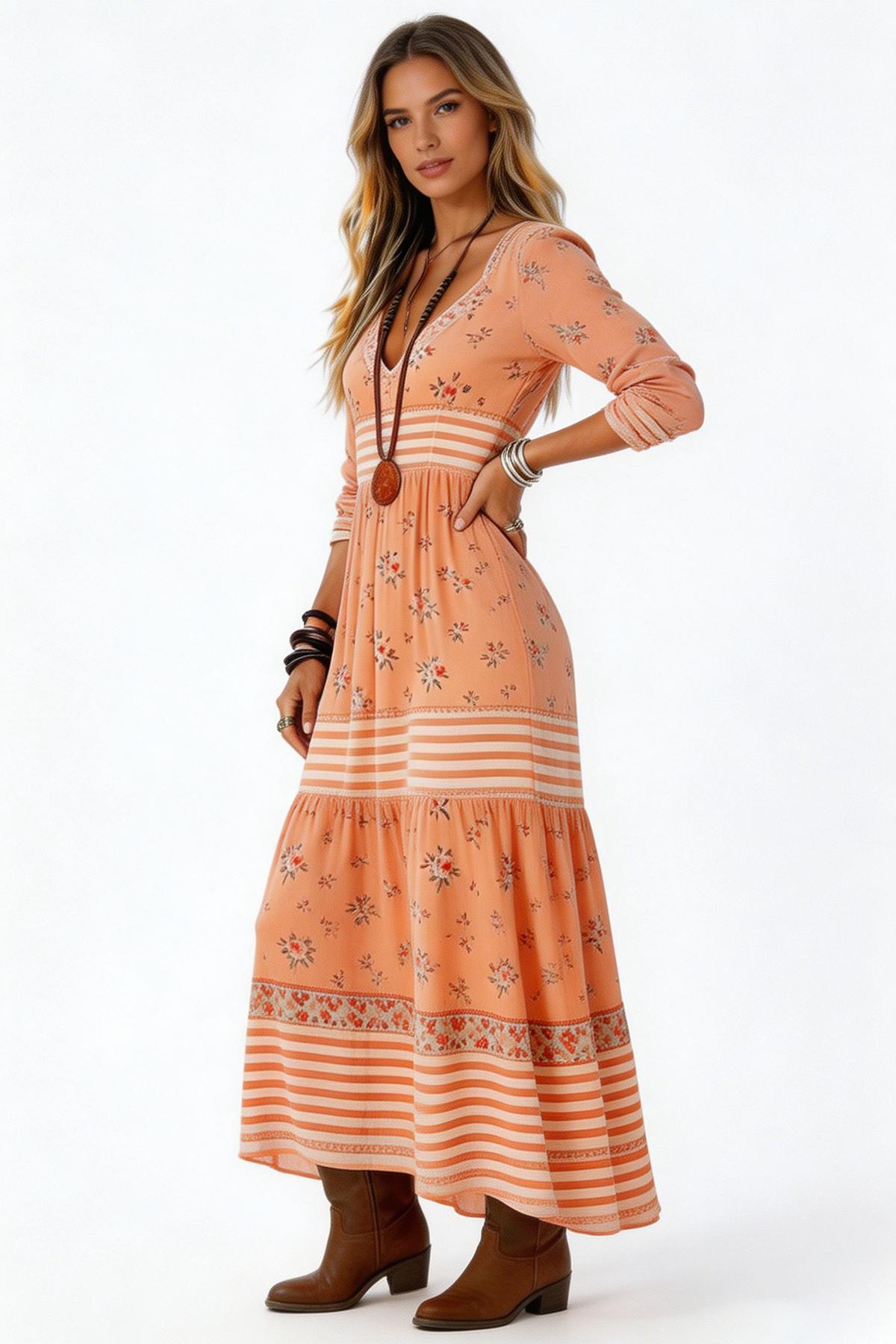 Orange Boho Floral Maxi Dress | Western Vacation Outfit Sunset Striped Tiered Dress | Boho Chic for Fall 2026