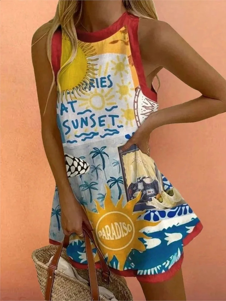 Bohemian Beach Style Print Dress Women Summer Loose O Neck Sleeveless Mini Dresses Fashion Casual Holiday Vacation Vestidos 260529 - view 3