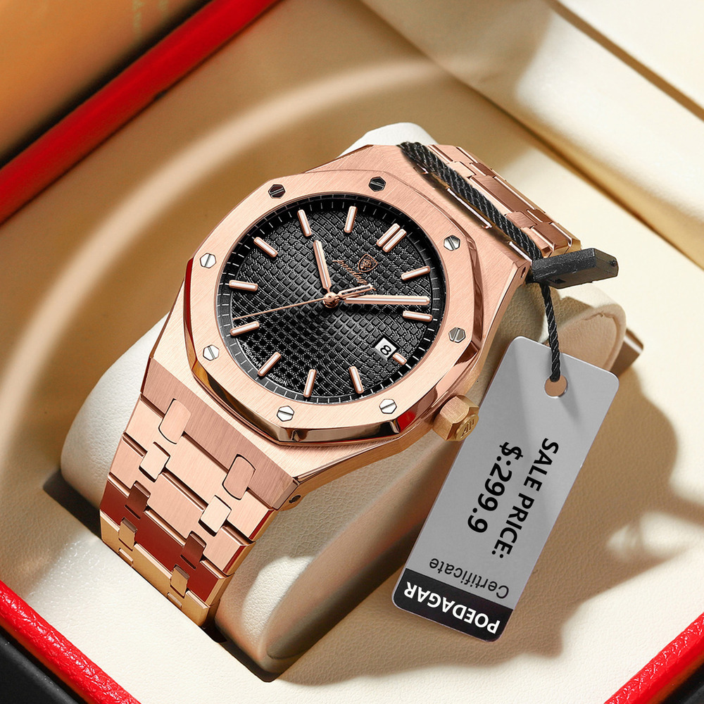 Steel Mens Octagonal Luxury Sapphire POEDAGAR Stainless Glass Grid Dial Designer Wristwatch Waterproof Business Casual Quartz Watch