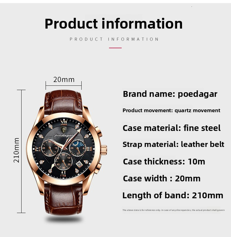 POEDAGAR Men's Multi Function Chronograph Quartz Watch Designer Wristwatch Leather Steel Strap Moon Phase Diamond Waterproof Luminous Business Ca