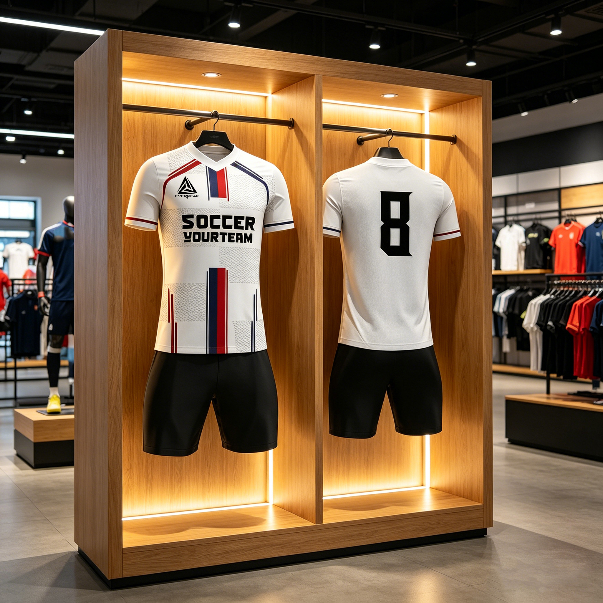 Custom Soccer Jersey Set Men White with Red Blue Vertical Stripe Football Uniform with Shorts Personalized Name Number Breathable Quick Dry Kit - view 3