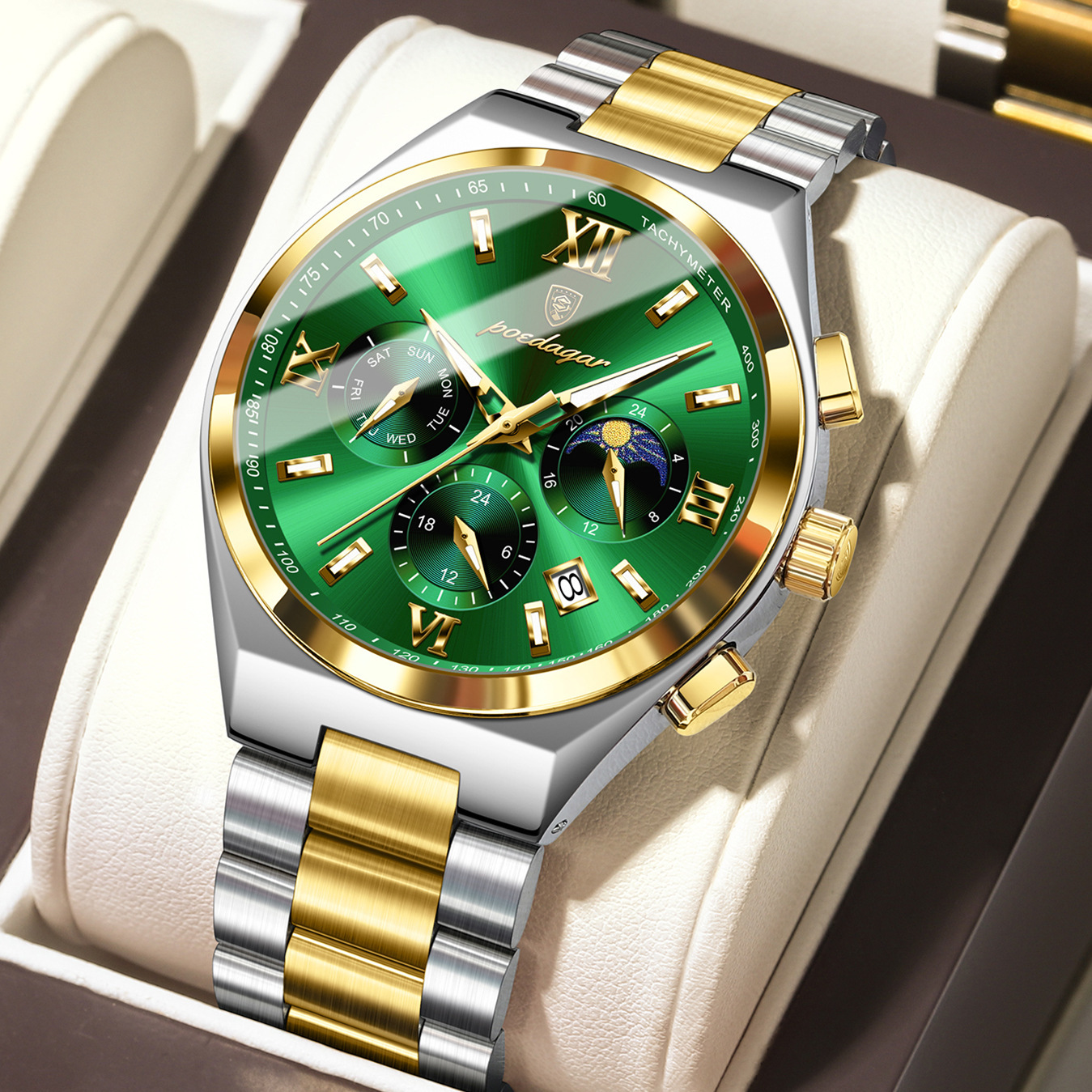 Luxury Chronograph 2026 Steel Mens POEDAGAR Stainless Moon Phase Designer Wristwatch Fashion Waterproof Luminous Business Quartz Watch