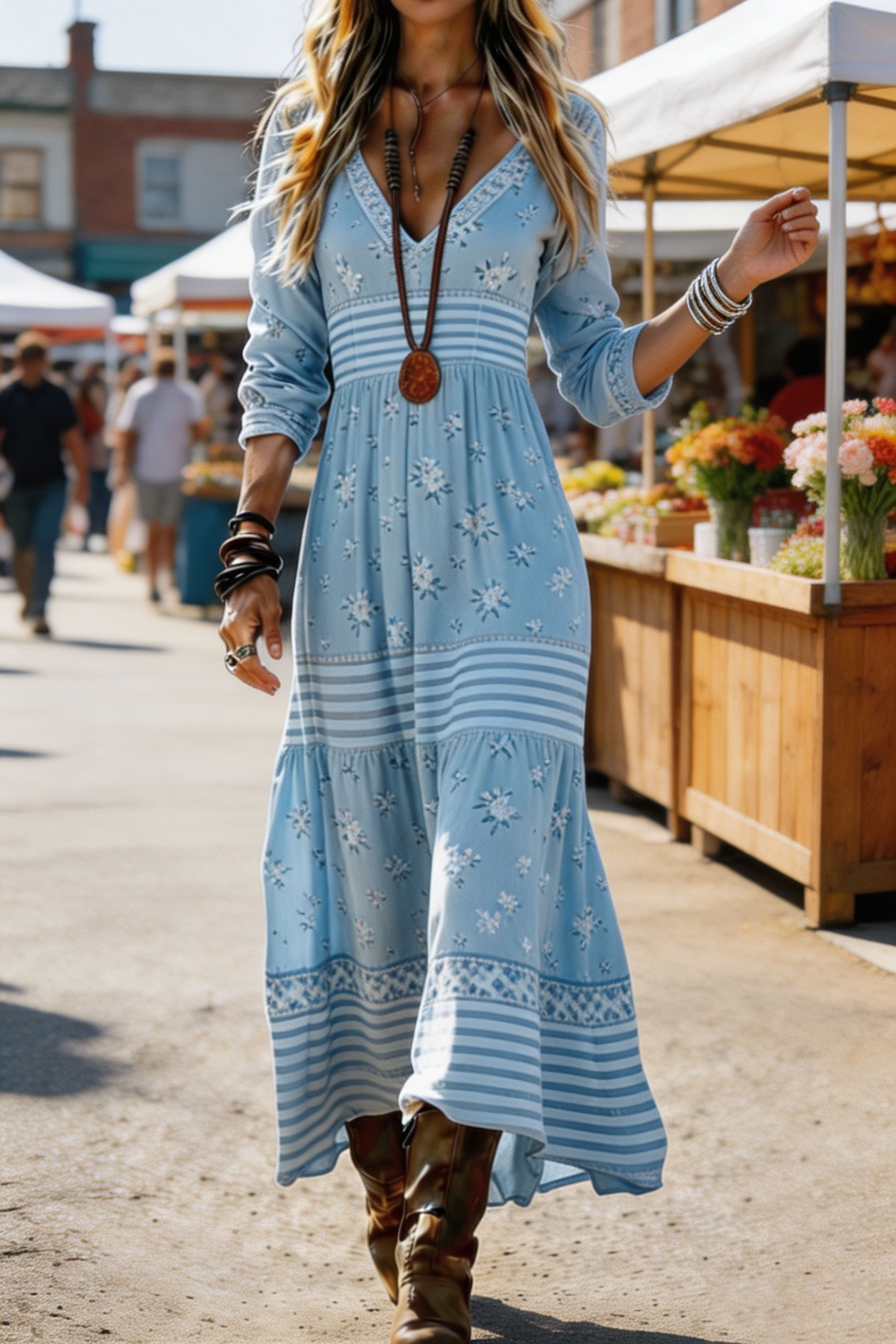 Women's V Neck Long Sleeve Boho Dress Mixed Floral & Striped Print Tiered Ruffled Cake Dress Casual Retro Maxi Dress