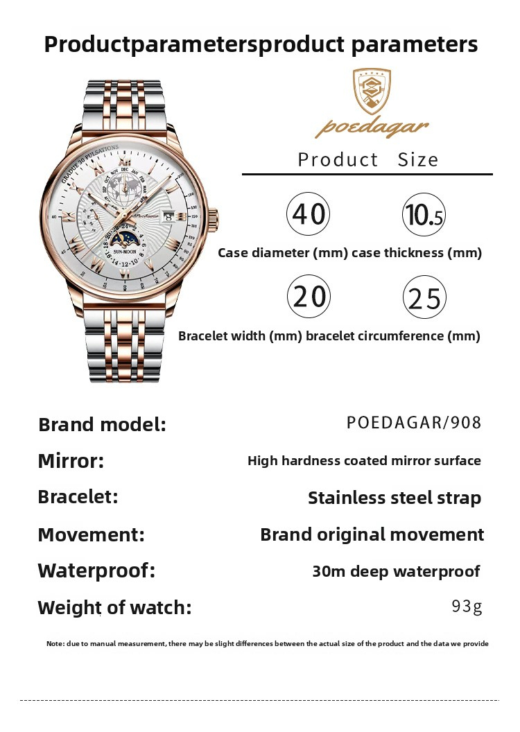 Steel Stainless POEDAGAR Luxury Men's Skeleton 2026 Moon Phase Chronograph Quartz Watch Designer Wristwatch Waterproof Luminous Business Calendar