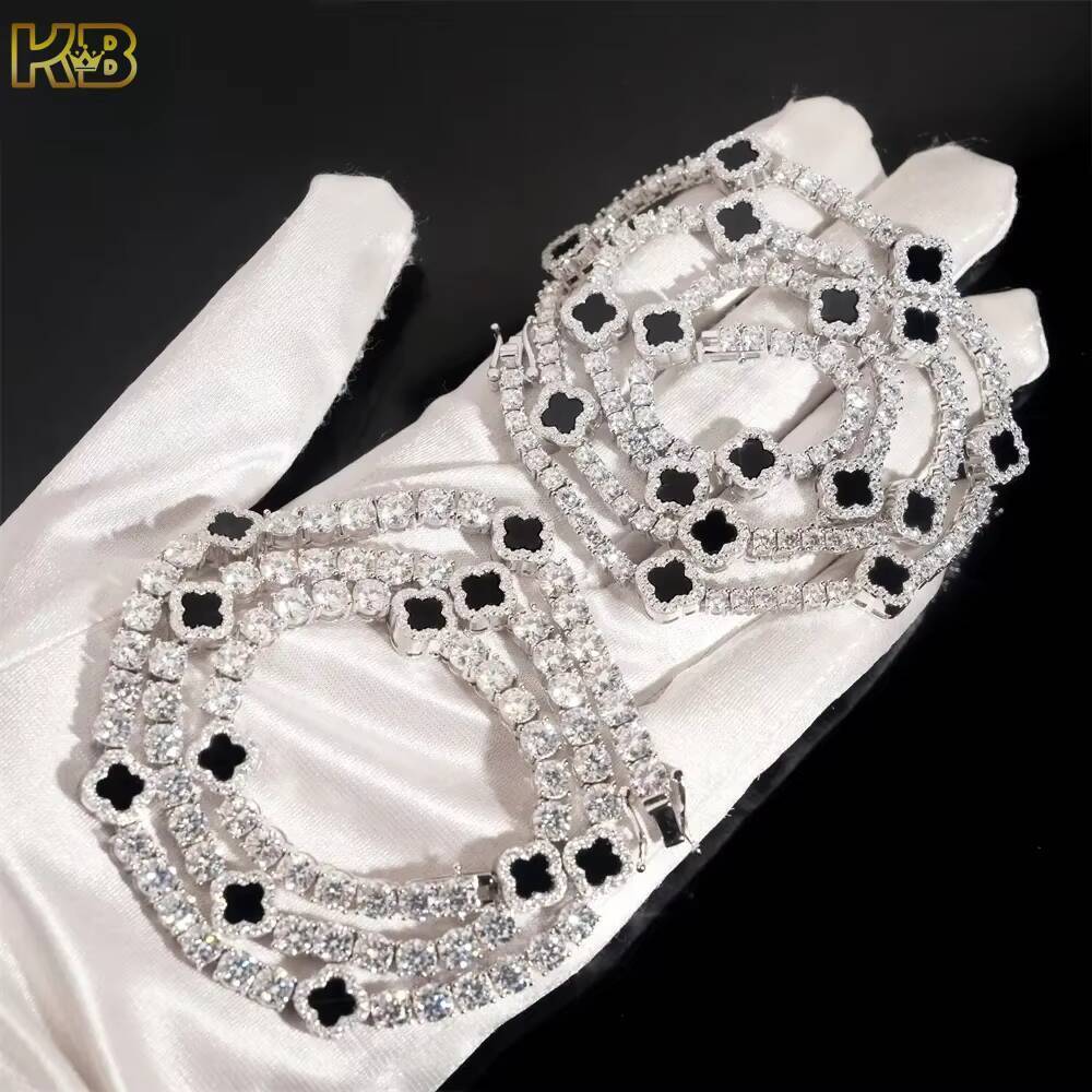 Iced Out 3mm 5mm 925 Silver Moissanite Diamond Tennis Necklace with Fourleaf Clover Design Fashion Tennis Jewelry for Men Women