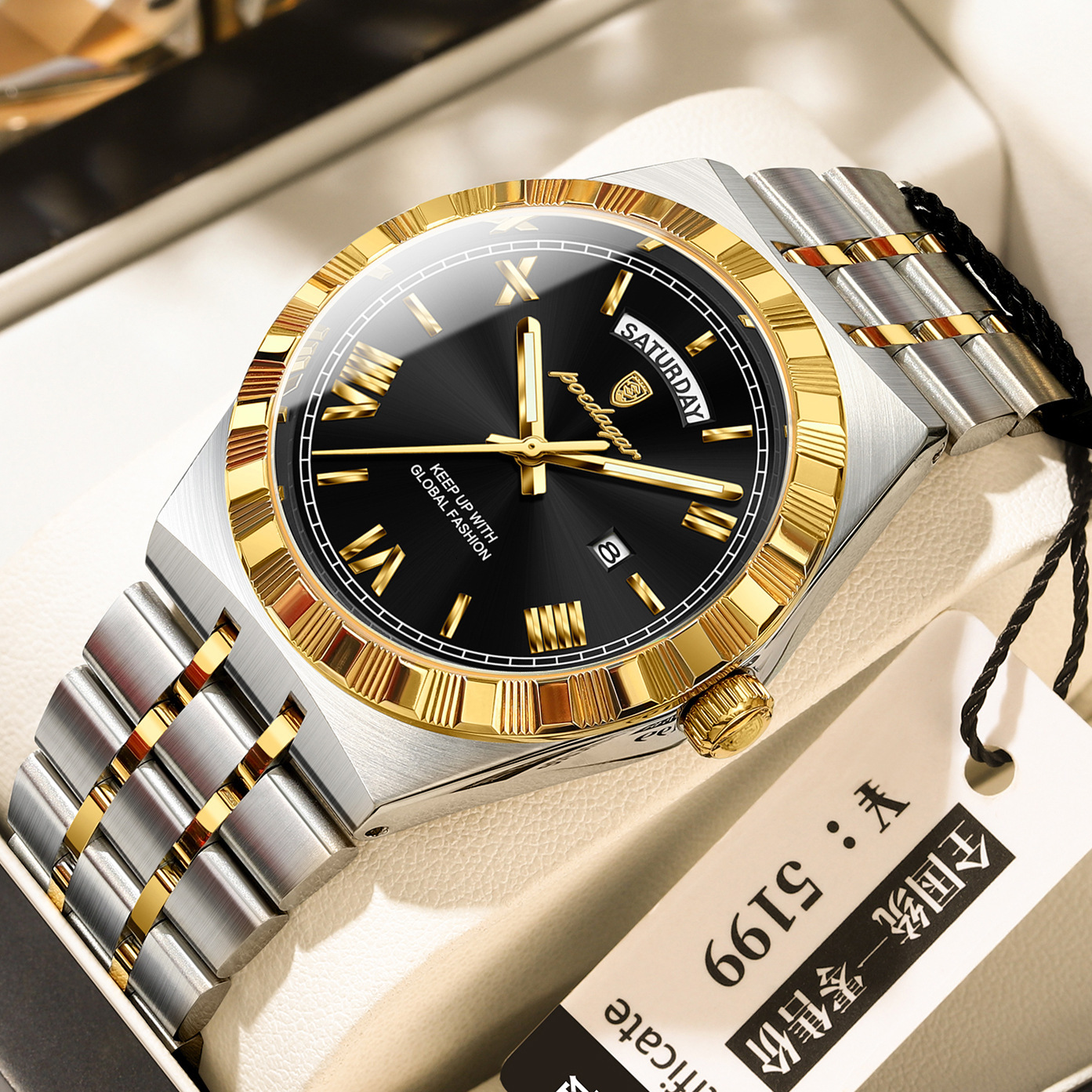 2026 Men's POEDAGAR Steel Designer Fluted Stainless Bezel Roman Numeral Quartz Watch Luxury Waterproof Luminous Business Casual Wristwatch