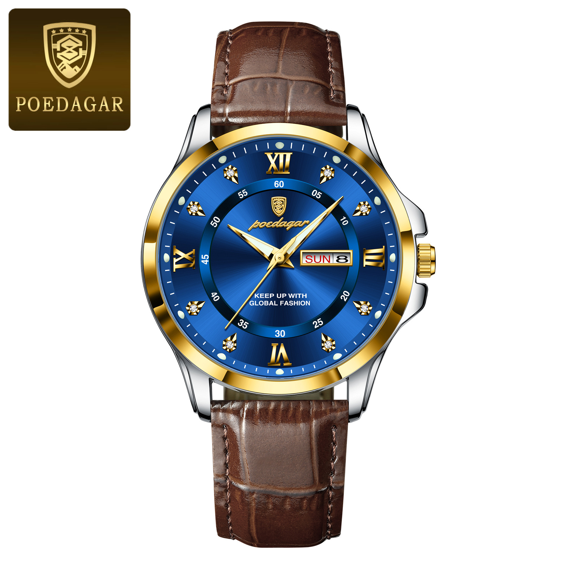 POEDAGAR Luxury Men's Leather Strap Dual Calendar Quartz Watch Designer Wristwatch Diamond Inlay Roman Numeral Waterproof Luminous Student Busine