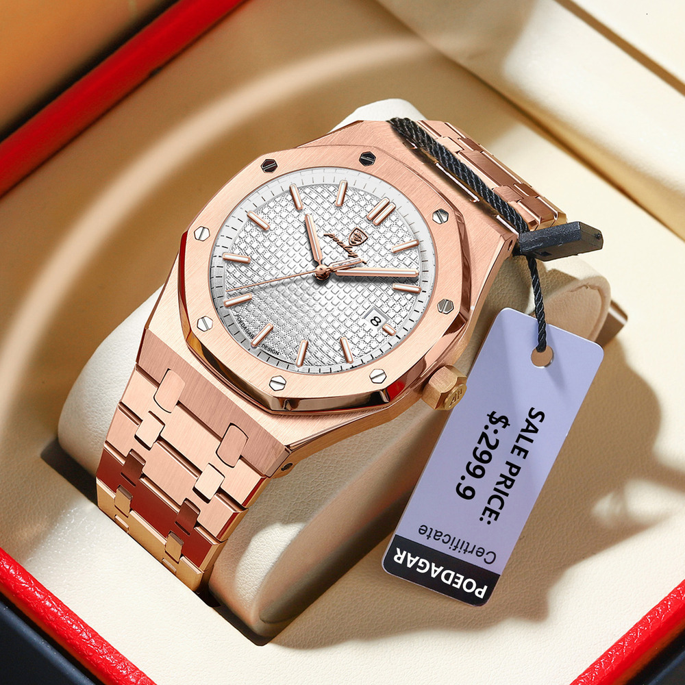 Steel Mens Octagonal Luxury Sapphire POEDAGAR Stainless Glass Grid Dial Designer Wristwatch Waterproof Business Casual Quartz Watch