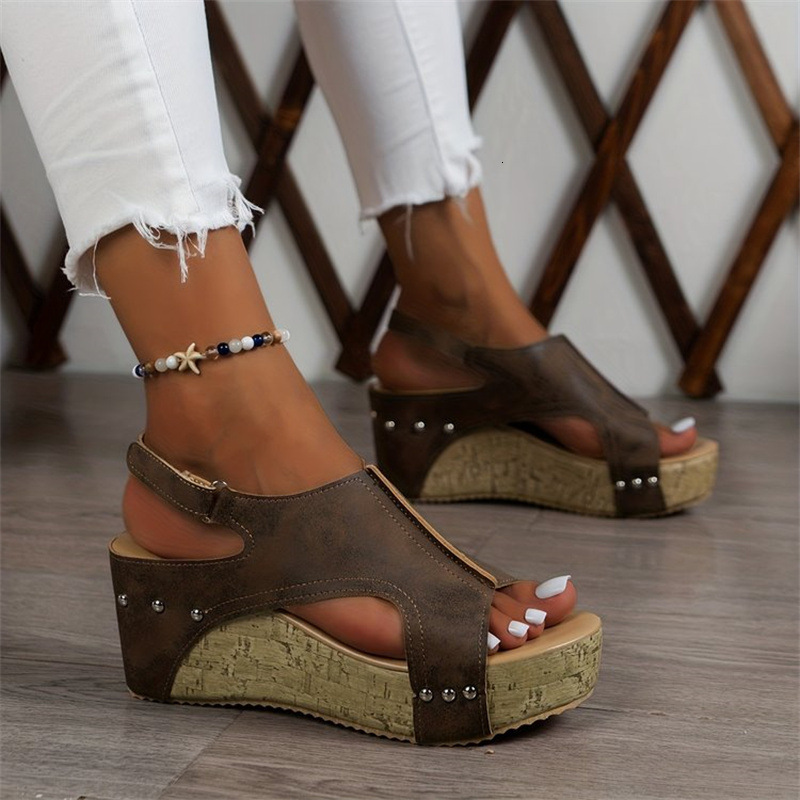 Womens Fashion Gifts Black Studded Wedge Sandals Open Toe With Cork Sole For Summer Casual Beach Wear